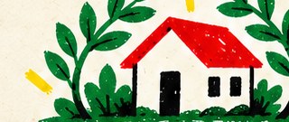 Small red-roofed house sheltered by green leafy branches