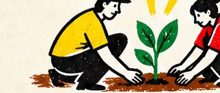 Two people kneeling to plant a young green seedling together