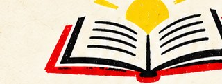 Open book under a rising yellow sun