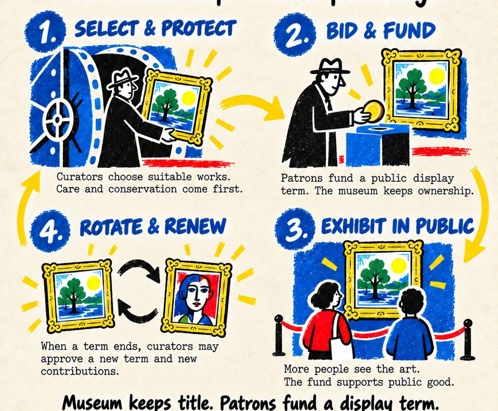 Illustrated four-step cycle: curators select a work from a vault, a patron funds a display term, visitors view the painting in a gallery, and works rotate back for renewal.