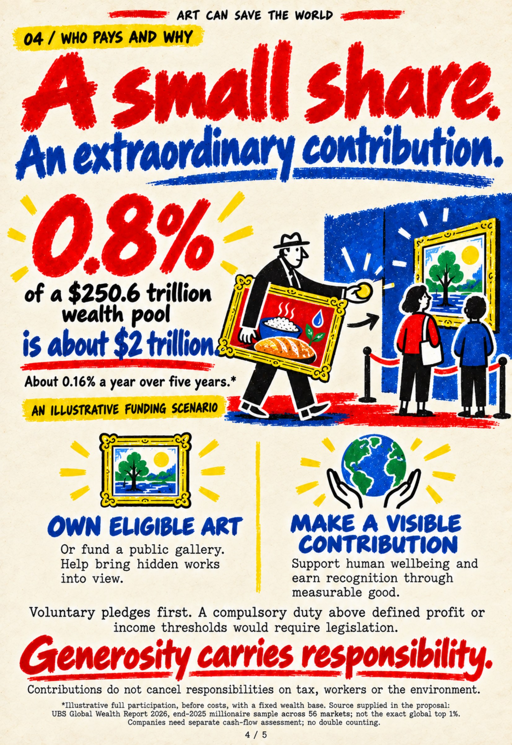Poster: A small share. An extraordinary contribution. 0.8% of a $250.6 trillion wealth pool is about $2 trillion, beside an illustration of a patron carrying a framed picture of bread, rice and water into a gallery where visitors look at a landscape painting.