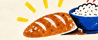 Hand-drawn loaf of bread beside a blue bowl of steaming rice
