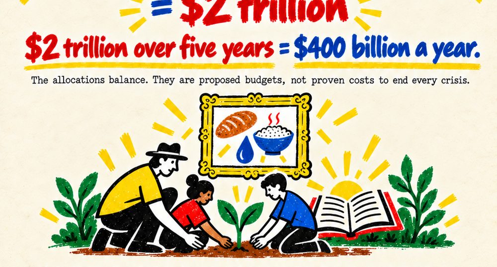 Illustration: people of different ages plant seedlings together beneath a framed painting of bread, rice and water.